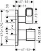 AXOR Thermostat Unterputz mit Absperrventil in Chrom, skizziert mit Maßangaben und technischen Details zur Installation und Funktion.